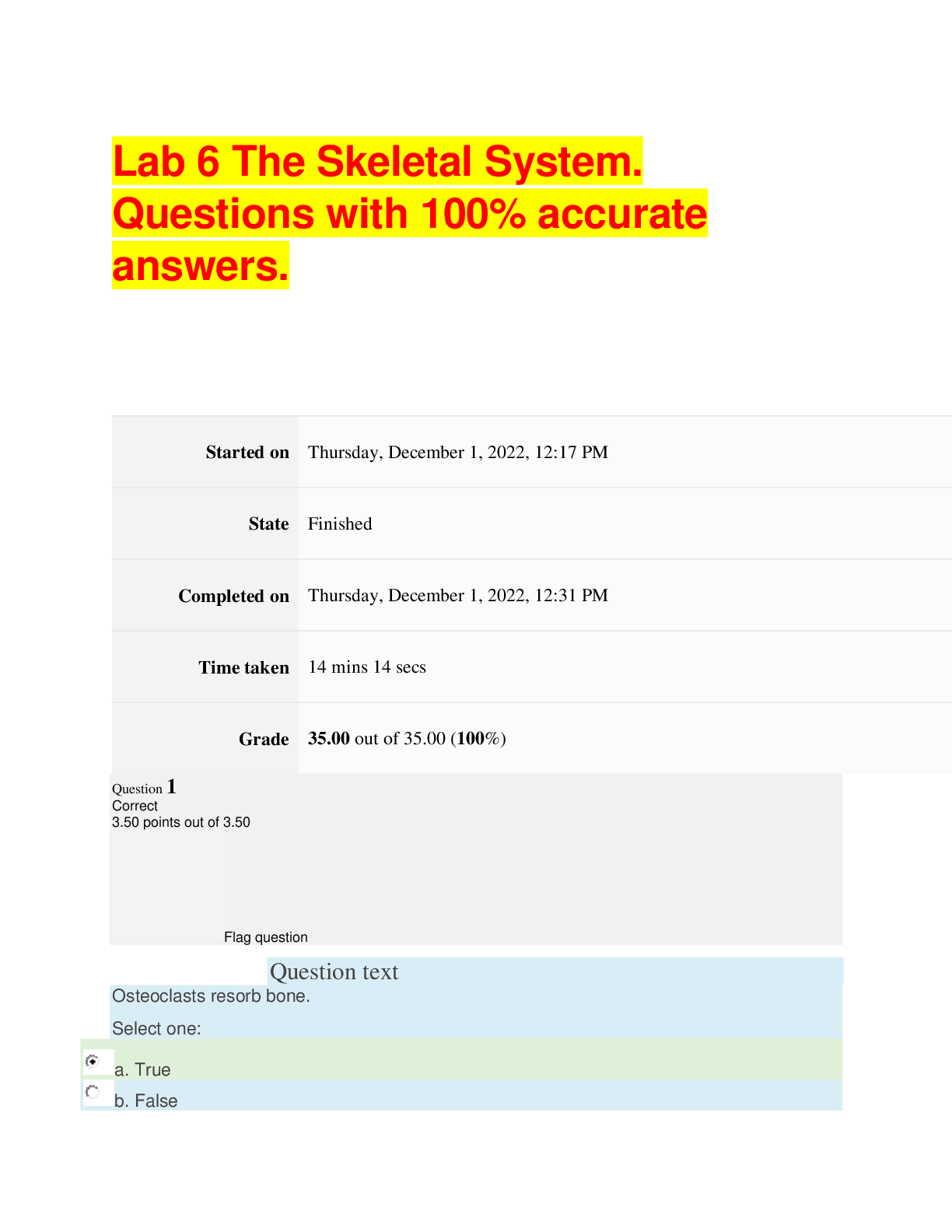 Preview image for Lab 6 The Skeletal System. Questions with 100% accurate answers.
